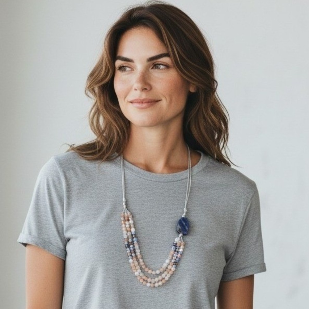 J Jill Blue Peach Multistrand Beaded Gemstone Necklace Adjustable Boho Earthy